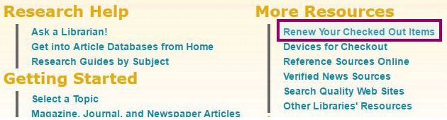Library home page.  Right hand has Renew Your Checked Out Items highlighted.