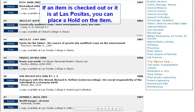 Library Catalog's list of results is displayed.  "If an item is checked out or it is at Las Positas, you can place a Hold on the item."