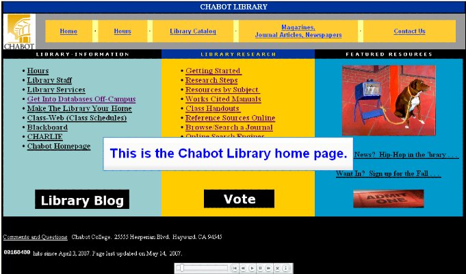 Picture of Library home page.  "This is the Library home page."