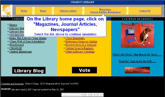 Message points directly to the top navigation menu to the fourth selection (from the left).  "On the Library home page, click on 'Magazines, Journal, Articles, Newspapers."