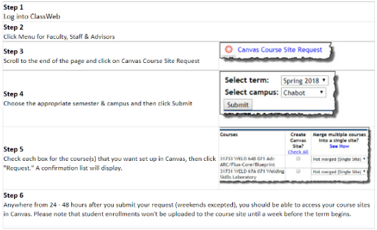 screenshot of course site request form