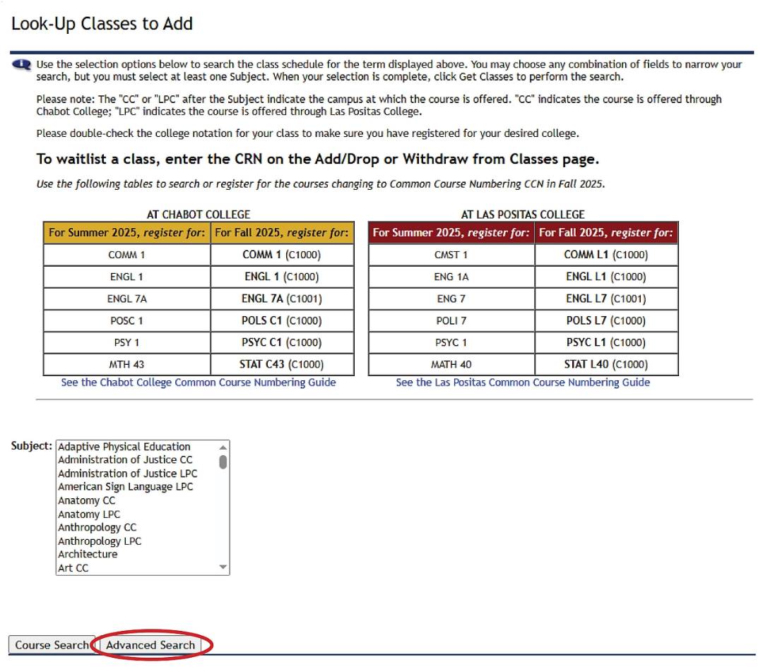 lookup classes to add screen, advanced search tab circled