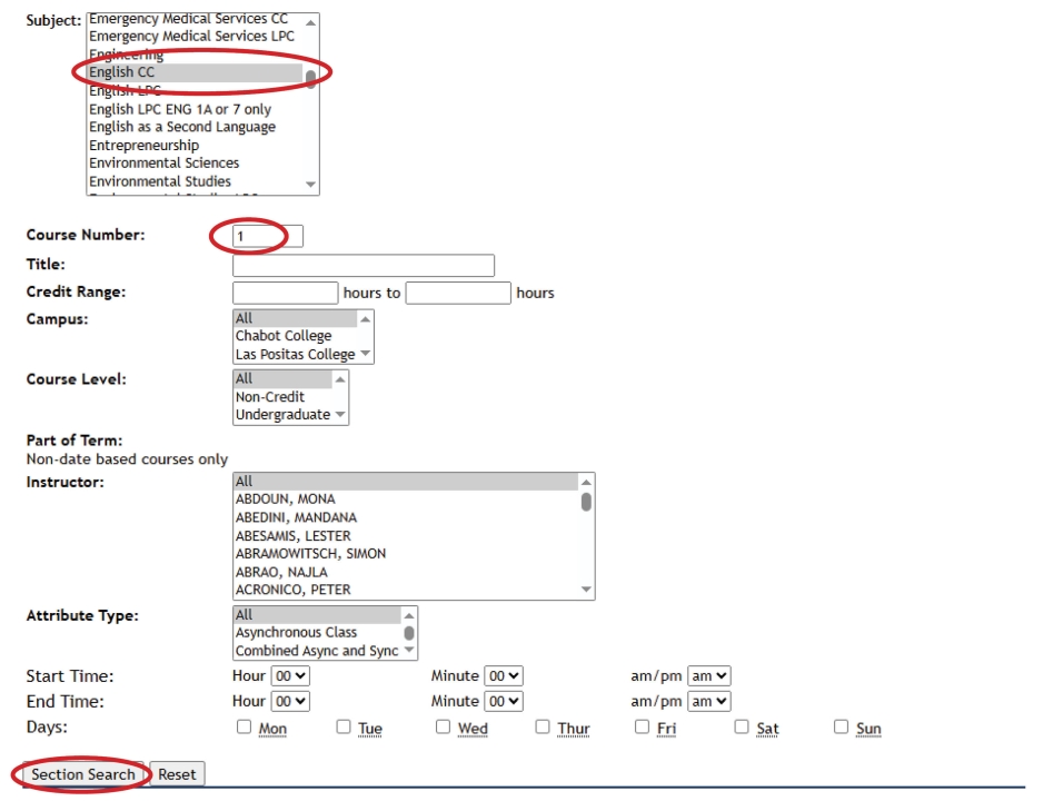 in subject field, english cc circled. course number field has 1 entered. Section Search button circled.
