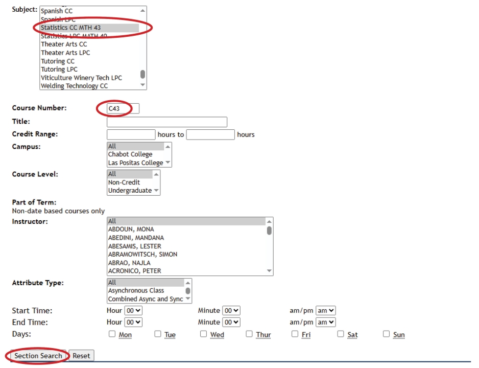 in subject field, "Statistics CC MTH 43" circled. course number field has c43 entered. Section Search button circled.
