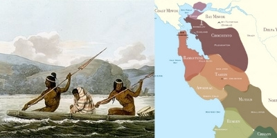 group of Ohlone people and map of Ohlone territory.