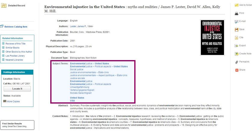 Subject Headings portion of record highlighted for the book Environmental Injustice