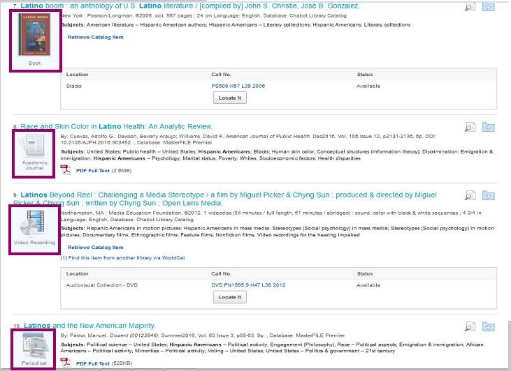 Formats Highlighted for Book, Video Recording, Academic Journal and Periodical