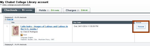 Chabot Library Account with Checkouts Tab Selected and Renew Button Highlighted