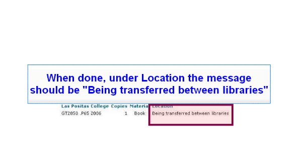 Goes Back to the record but the book is listed as no longer available but as being transferred between libraries.  "When done, under Location the message should be "Being transferred between libraries."