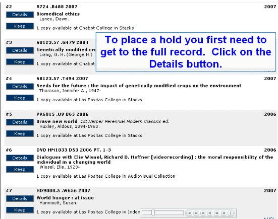 To place a hold, you first need to get to the full record.  Click on the Details button."