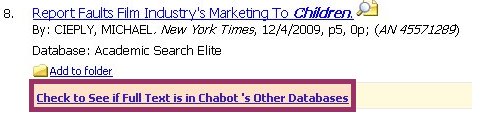 EBSCOhost citation with the Journal Linker highlighted saying "Check to See if Full Text is in Chabot's Other Databases"