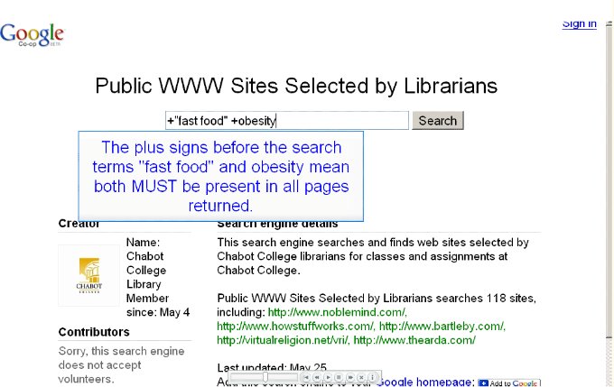 "The plus signs before the search terms 'fast food' and obesity mean both MUST be present in all pages returned."