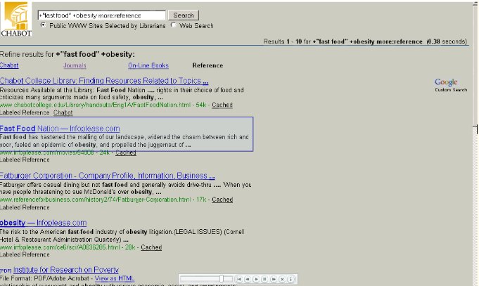 The second search result is highlighted.  It says "Fast Food Nation -- Infoplease.com"