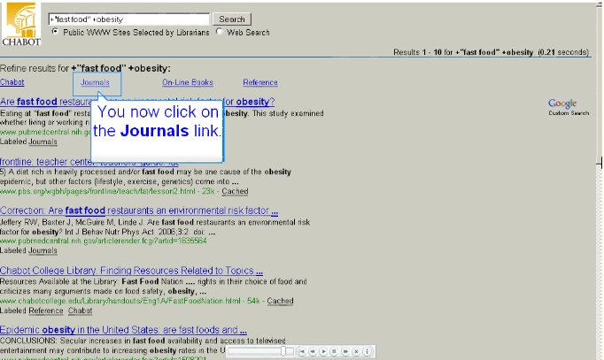 "Journals" is highlighted under Refine Results.  "You now click on the Journals link."