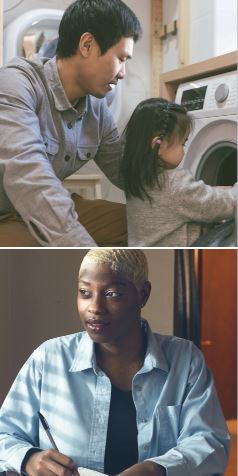 Top picture of father and daughter at washing machine. Bottom picture of woman writing.